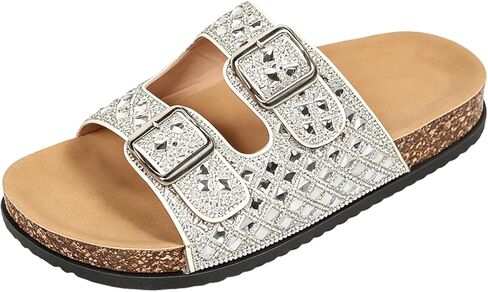 Women's Plus Size Sparkly Rhinestone Cork Sandals Double Buckle Slide Shoes in Kuwait
