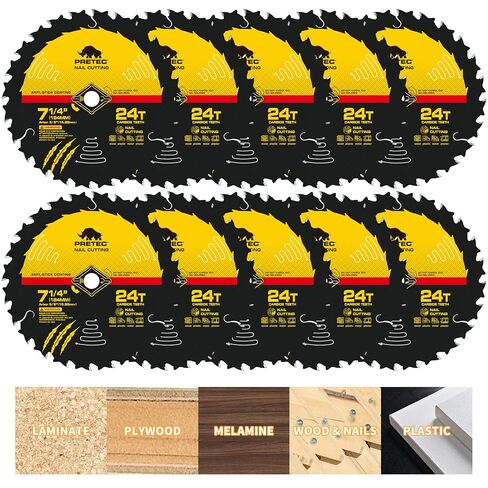Circular Saw Blade Wood Cutting Framing/Fine Finish Circular Saw Blade, 5/8" Arbor, TCT Carbide-Tipped, Teflon Anti-Stick, Miter Saws Blades for Wood, MDF, OSB, Laminated 7 1/4" 24T (10 Pack) in Kuwait