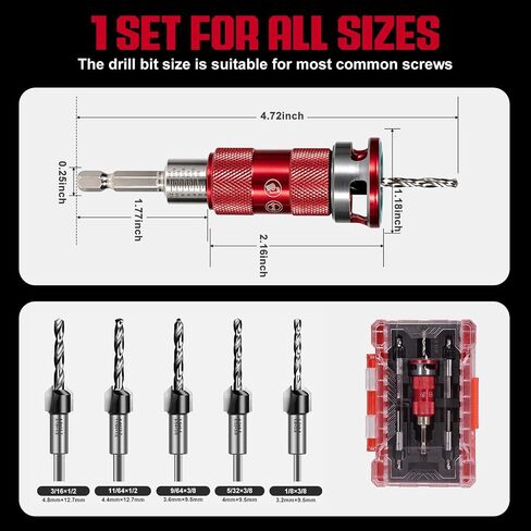 5 Pcs Countersink Drill Bit Set with Aluminum Alloy Depth Stop,Semi-Automatic HSS M2 Countersink Drill Bits 1/8 9/64" 5/32" Drill+3/8" 82° Counter-Bore,11/64" 3/16" Drill+ 1/2" 82° Counter Bore in Kuwait