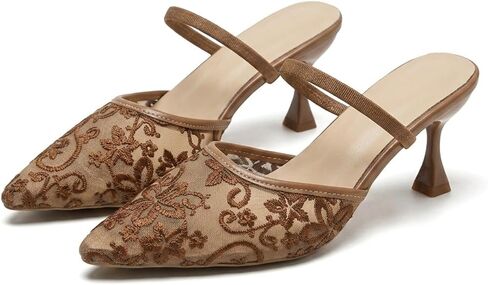 Women's Floral Mesh Mules Pointed Toe Kitten Mid Heel Slippers in Kuwait