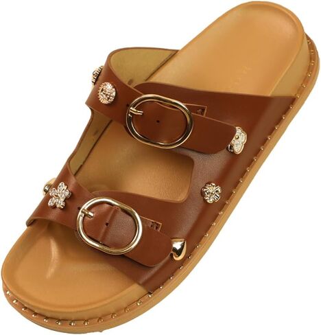 Woman fashion sandal open toe slip on double strap, buckle design, round toe, rhinestone embellished, flat heel in Kuwait