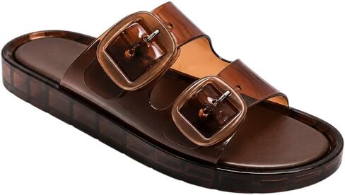 Wild Diva Women's Double Buckle Jelly Slide Sandals – Open Toe Flat Casual Summer Slip-On Sandals in Kuwait