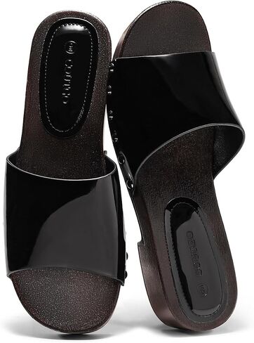 Coutgo Womens Platform Chunky Low Heels Sandals Open Toe Slides Slip On Summer Beach Shoes in Kuwait