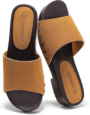 Coutgo Womens Platform Chunky Low Heels Sandals Open Toe Slides Slip On Summer Beach Shoes in Kuwait
