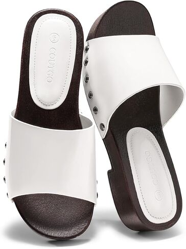 Coutgo Womens Platform Chunky Low Heels Sandals Open Toe Slides Slip On Summer Beach Shoes in Kuwait