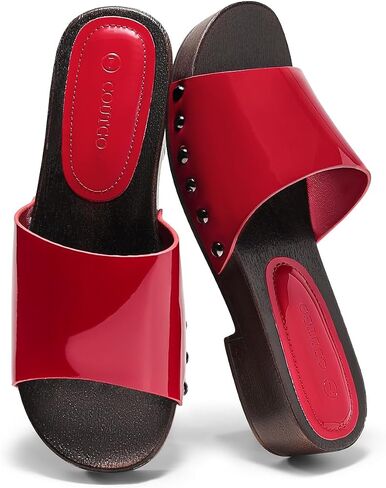 Coutgo Womens Platform Chunky Low Heels Sandals Open Toe Slides Slip On Summer Beach Shoes in Kuwait