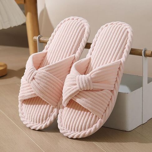 Comfortable Slippers for Women Winter Womens Slide Slipper Shoes Open Toe Corduroy Bow Crossbands for House Bedroom Indoor in Kuwait