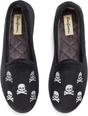 Dearfoams Women's Rachel Velour Closed Back, Black Skull, L in Kuwait