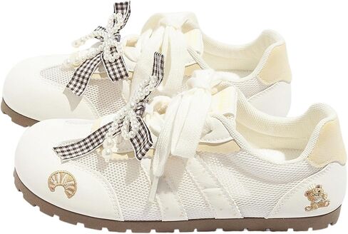 Women's Kawaii Sneakers Cute Embroidery Bear Croissant Walking Shoes Harajuku Style Lace Up Casual Flats with Bows in Kuwait