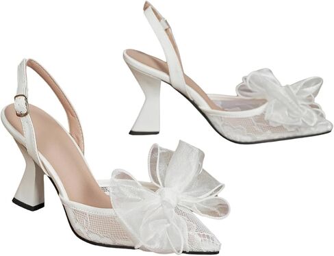BEAUDRM Women's Lace Pointed Toe Slingback Pumps Elegant Bow Wedding Guest Dressy Party Kitten Heels in Kuwait