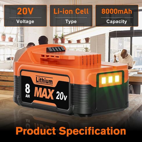 BATTOOL 2Pack 8.0Ah Replacement for Dewalt 20V Battery and Charger Combo 12V-20V DCB112 Charger Compatible with Dewalt 20V Max Battery DCD/DCF/DCG Series Cordless Power Tools in Kuwait