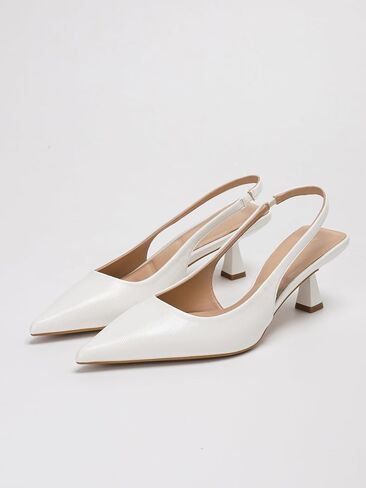 Women White Patent Pointed Toe Slingback Pumps Mid Sculpture Block Heel Slip On Back Strap Dress Heels for Wedding Office Party in Kuwait