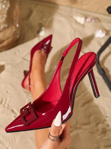 Women's Red Patent Leather Slingback Stiletto Heels, Pointed Toe, Square Buckle, Vintage Elegant Style in Kuwait