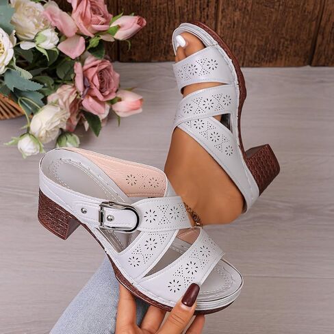 Ladies Retro Cross Strap Block Heel Sandals Open Toe Mules with Adjustable Buckle in Kuwait