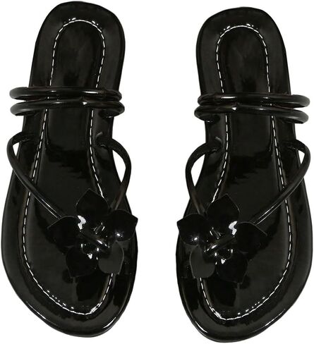 OYOANGLE Women's 3D Floral Flat Slide Toe Post Ankle Strap Thong Sandals | Casual Metallic Leather Dressy Sandal in Kuwait