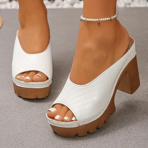 Women's Grid Embossed Platform Mule Sandals, 4.13 Inch Chunky Heel Open Toe Slides, Retro Clog Style Slip-On Shoes with Faux Wood Heel in Kuwait