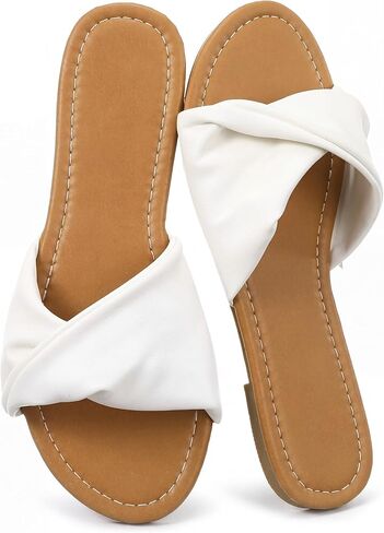 Unittype Women Flat Sandals White Dressy Leather Slides Soft Fashion Open Toe Slippers Summer Minimalist Slip On Beach Slides in Kuwait
