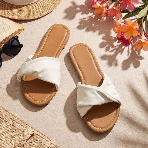Unittype Women Flat Sandals White Dressy Leather Slides Soft Fashion Open Toe Slippers Summer Minimalist Slip On Beach Slides in Kuwait
