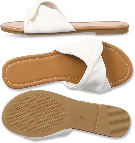 Unittype Women Flat Sandals White Dressy Leather Slides Soft Fashion Open Toe Slippers Summer Minimalist Slip On Beach Slides in Kuwait