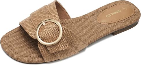 SMILIN Raffia Sandals Women, Woven Slides Flat Summer Vacation Beach Shoes | Breathable Woven Sandals & Rattan Flat Sandals for Women, Comfy Gold O-ring Slides for Women, Summer Beach Vacation Shoes in Kuwait