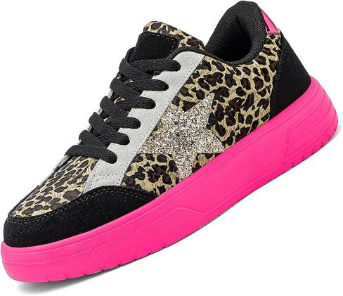 Women's Leopard Print Star Platform Sneakers - Gold Glitter Chunky Non Slip | Low Top Lace Up, Neon Hot Pink Thick Sole, Star Patchwork, Skate Trainers, Casual Walking Street Style, Leopard Print in Kuwait