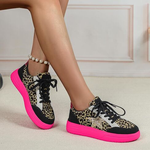 Women's Leopard Print Star Platform Sneakers - Gold Glitter Chunky Non Slip | Low Top Lace Up, Neon Hot Pink Thick Sole, Star Patchwork, Skate Trainers, Casual Walking Street Style, Leopard Print in Kuwait