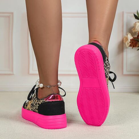 Women's Leopard Print Star Platform Sneakers - Gold Glitter Chunky Non Slip | Low Top Lace Up, Neon Hot Pink Thick Sole, Star Patchwork, Skate Trainers, Casual Walking Street Style, Leopard Print in Kuwait