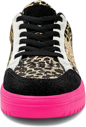 Women's Leopard Print Star Platform Sneakers - Gold Glitter Chunky Non Slip | Low Top Lace Up, Neon Hot Pink Thick Sole, Star Patchwork, Skate Trainers, Casual Walking Street Style, Leopard Print in Kuwait