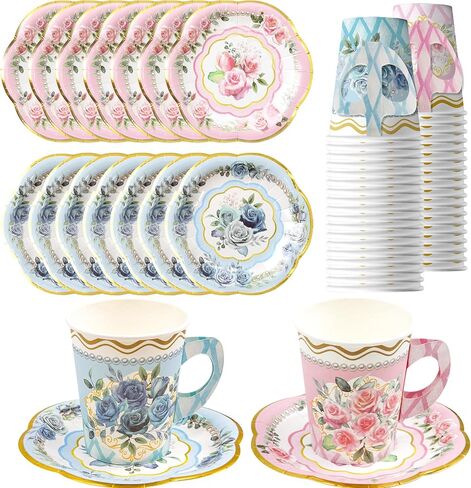 Floral Tea Party Cups and Saucers 24 Sets Paper Tea Cups with Handles Party Decoration in Saudi Arabia