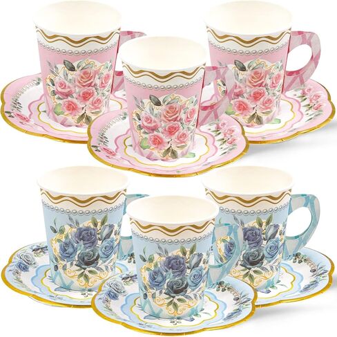 Floral Tea Party Cups and Saucers 24 Sets Paper Tea Cups with Handles Party Decoration in Saudi Arabia