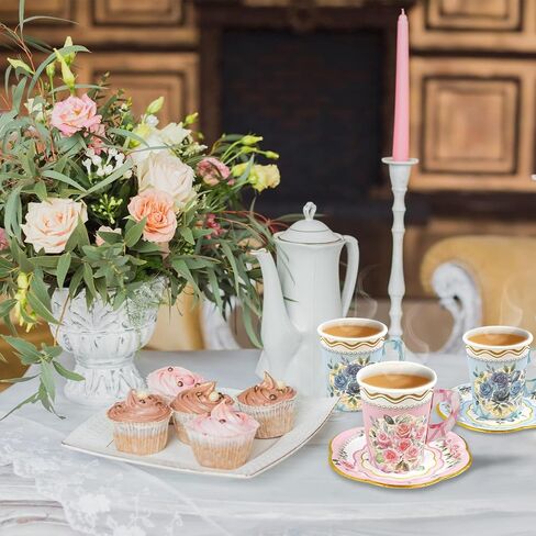 Floral Tea Party Cups and Saucers 24 Sets Paper Tea Cups with Handles Party Decoration in Saudi Arabia