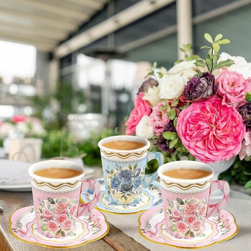 Floral Tea Party Cups and Saucers 24 Sets Paper Tea Cups with Handles Party Decoration in Saudi Arabia