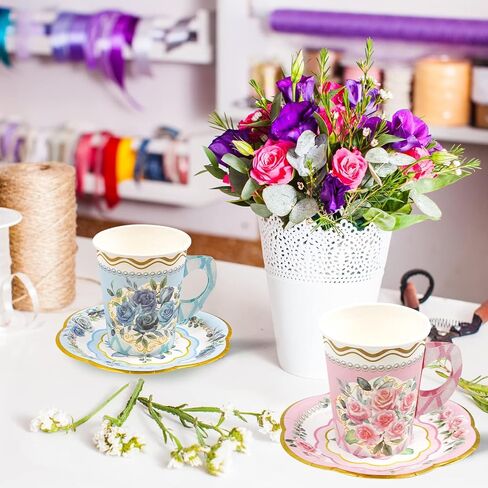 Floral Tea Party Cups and Saucers 24 Sets Paper Tea Cups with Handles Party Decoration in Saudi Arabia
