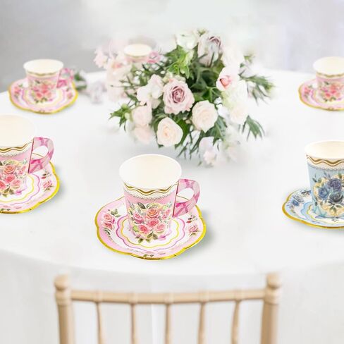 Floral Tea Party Cups and Saucers 24 Sets Paper Tea Cups with Handles Party Decoration in Saudi Arabia