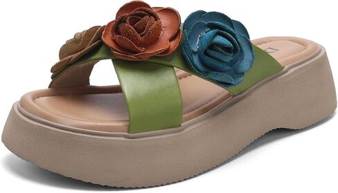 Women's Platform Sandals Comfortable Leather Sandals Soft Insole Non Slip Summer Vacation Slip On Walking Slides in Kuwait