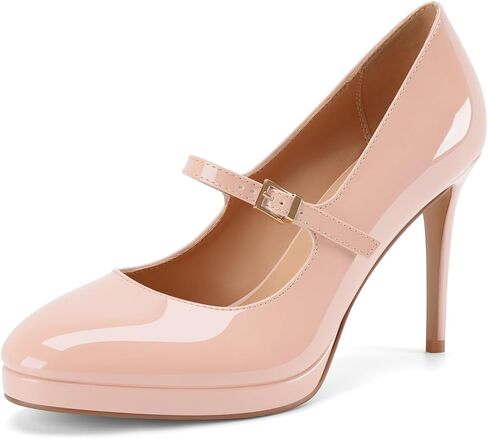 Z.Oufeier Women's Mary Jane Stiletto Heels Platform Closed Round Toe Pumps Buckle Strap Patent Trendy Office Shoes 3.9 Inch in Kuwait