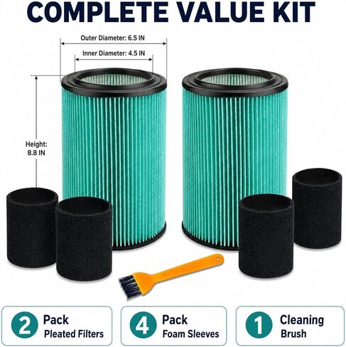 2pcs VF6000 Filter Kit for Ridgid Shop Vac WD5500 WD7000 WD0671 5-20 Gallon | 2 5-Layer Filters, 4 Foam Sleeves, 1 Cleaning Brush; Fits Models WD6425 WD1280 1400RV RV2600B WD1851 WD1680 WD1956 RV2400A. in Kuwait