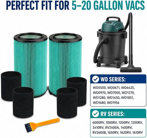 2pcs VF6000 Filter Kit for Ridgid Shop Vac WD5500 WD7000 WD0671 5-20 Gallon | 2 5-Layer Filters, 4 Foam Sleeves, 1 Cleaning Brush; Fits Models WD6425 WD1280 1400RV RV2600B WD1851 WD1680 WD1956 RV2400A. in Kuwait