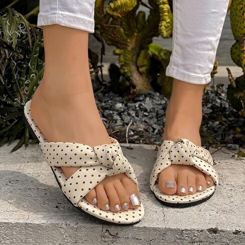 Womens Polka Dot Knotted Slide Sandals Casual Open Toe Flat Slippers in Saudi Arabia