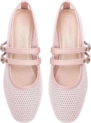 Milumia Women's Fishnet Mesh Ballet Flats Comfortable Dressy Closed Toe Ballerina Shoes with Buckle Strap in Kuwait
