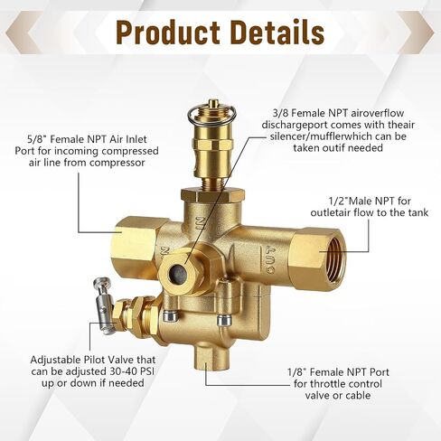49816283C Pilot Check Calve Unloader for Ingersoll Rand T30 Gas Powered Air Compressors,145-175 PSI, 5/8" Inverted Flare Inlet X 1/2" Female NPT Outlet, 1/8" Female NPT Throttle Control Valve Port in Kuwait