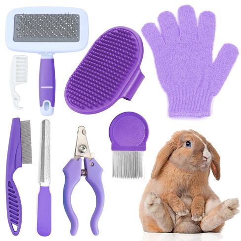VCZONE Pink Small Animal Grooming Kit with Nail Clipper, Flea Comb, Shampoo Brush, Slicker Brush, Massage Glove for Rabbits in Saudi Arabia
