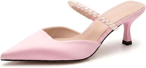 Women's Satin Kitten Heel Mules with Pearl Strap Elegant Closed Pointed Toe 2.36-inch Slingback Comfort Slip on Low Heels Dress Sandals for Wedding Bridal Evening Backless Party Pumps in Kuwait