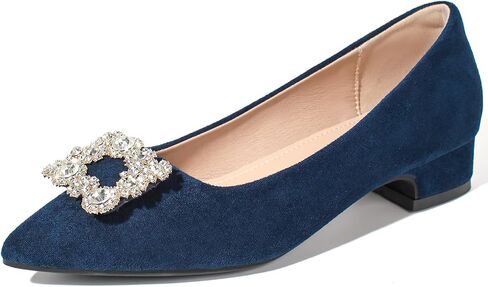 Women's Rhinestone Low Chunky Heel Suede Pointed Toe Pumps Dress Shoes | Slip on Rhinestone Elegant Party Wedding Pumps in Kuwait