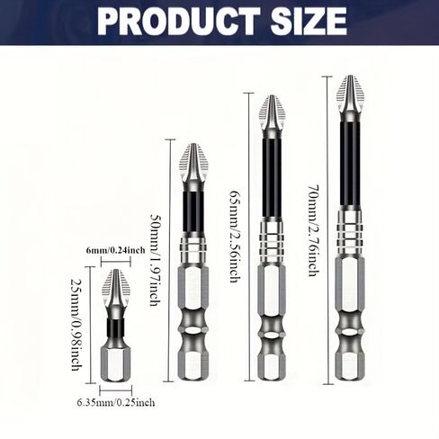4Pcs Bits Impact,Magnetic Anti Slip Impact Screwdriver Bits Set,PH2 Premium S2 Alloy Steel 1/4" Super-Hard Hex Shank for Impact Drivers,Professional & DIY Use,0.98in,1.97in,2.56in,2.76in in Kuwait