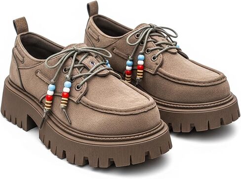 Men's Suede Platform Lace-Up Loafers, Fashionable Round Toe Thick Sole Anti-Slip Casual Shoes with Beaded Accents, for Work, Parties, Everyday wear in Kuwait