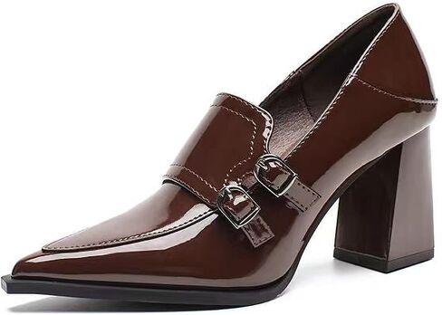 Women's Pointed Toe Chunky Heel Pumps Vintage Sexy Monk Strap Patent Leather Slip On Heels Elegant Office Party Dress Shoes in Kuwait