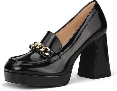 IDIFU IN4 Platform Chunky High Penny Heeled Loafers | Square Closed Toe Heel Metal Chain Wedding Prom Graduation Formal Dress Shoes for Women Dressy Slip On Thick Uniform Pumps in Kuwait