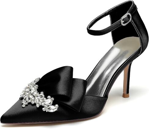 Women's Bow Rhinestone Satin Heels, Pointed Toe Ankle Strap Pumps for Wedding Formal Party in Kuwait
