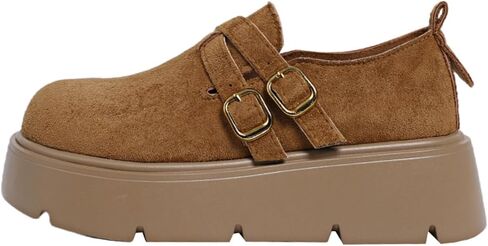 Women's Double Buckle Platform Loafers - Smooth Faux Leather Upper, Chunky Lug Sole, Adjustable Strap Closure, Retro Preppy Shoes for Casual (Camel,5.5) in Kuwait